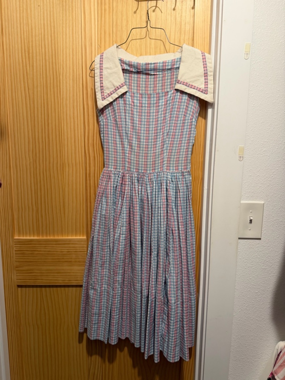 Vintage 1950s Blue & Pink Gingham Sundress with Contrast Collar
